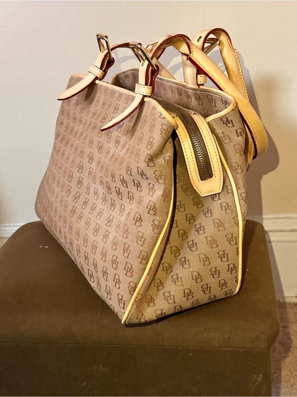 Dooney & Bourke  Signature Logo Satchel Bag in Beige and Tan Leather Trim